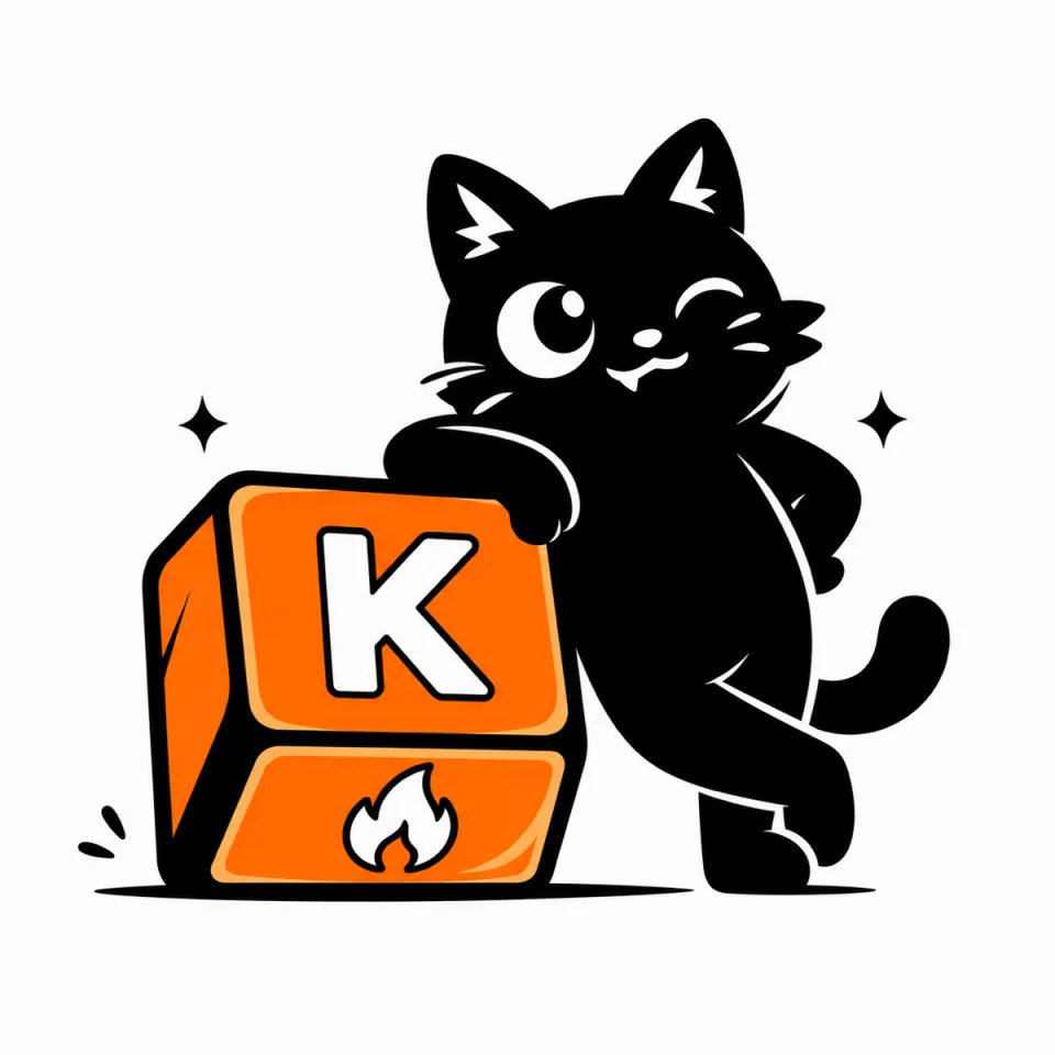 La mascotte di Kaldo appoggiata al keycap con la K e la fiammella